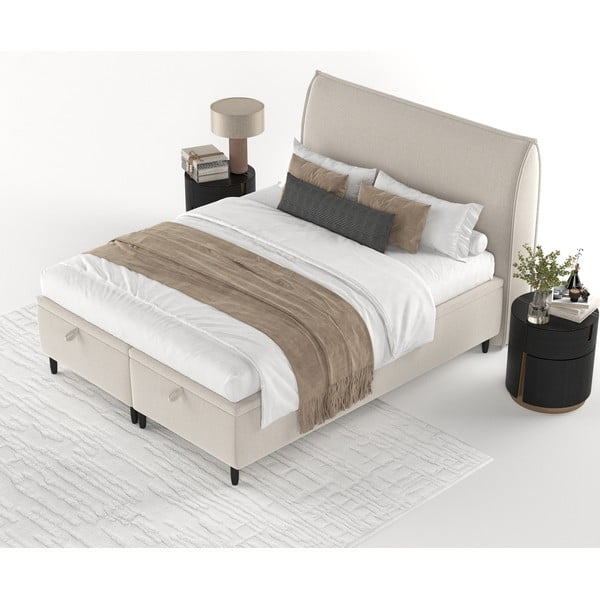 Béžová čalúnená dvojlôžková posteľ s úložným priestorom 160x200 cm Pearl – Maison de Rêve-image-4
