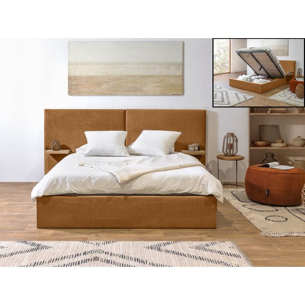 Okrovožltá čalúnená dvojlôžková posteľ s úložným priestorom s roštom 160x200 cm Blandine – Bobochic Paris-image-1