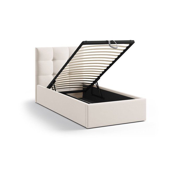 Krémová čalúnená jednolôžková posteľ s úložným priestorom s roštom 90x200 cm Phaedra – Micadoni -image-1