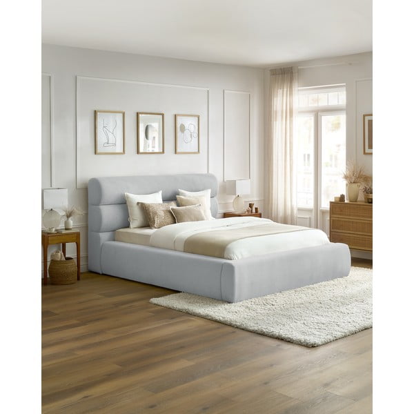 Svetlosivá čalúnená dvojlôžková posteľ s úložným priestorom s roštom 160x200 cm Jagna – Bobochic Paris-image-1