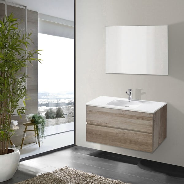 Kúpeľňová skrinka s umývadlom a zrkadlom Flopy, dekor dubu, 80 cm