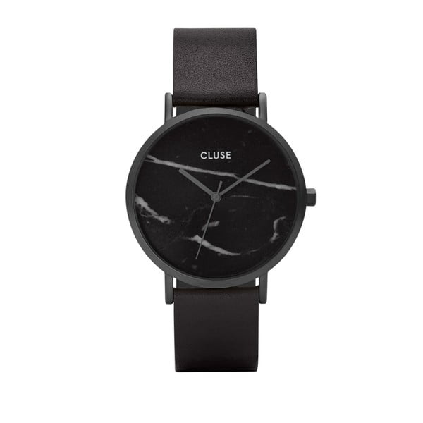 Dámske čierne hodinky s koženým remienkom a mramorovým ciferníkom Cluse La Roche Night