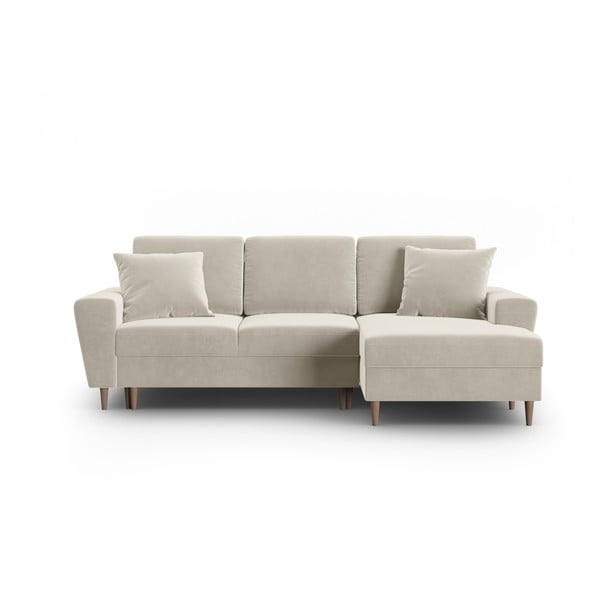 Béžová zamatová rozkladacia/s úložným priestorom rohová pohovka (pravý roh/s leňoškou) Kyoto – Cosmopolitan Design