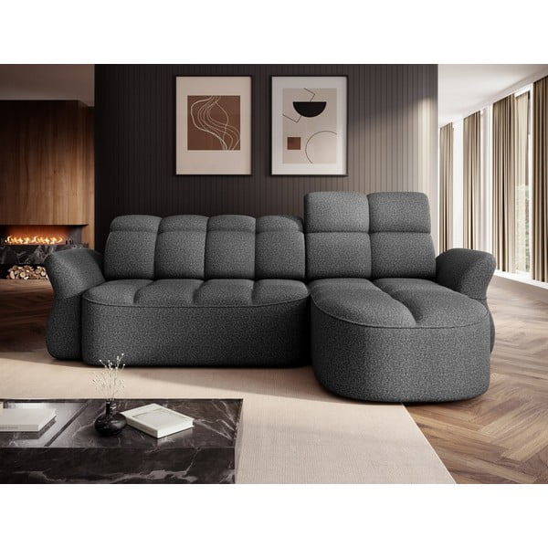 Tmavosivá zamatová rozkladacia/s úložným priestorom rohová pohovka (pravý roh/s leňoškou) Beneth – ELTAP-image-1