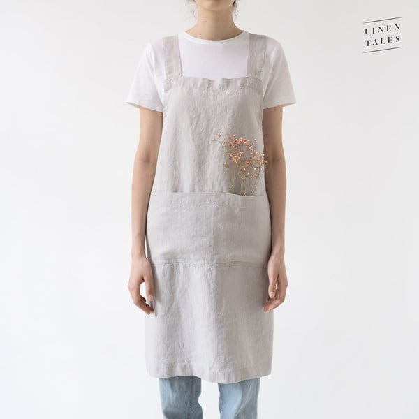 Striebornosivá ľanová zástera Linen Tales Crossback, dĺžka 80 cm