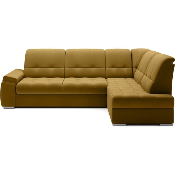 Žltá zamatová rozkladacia/s úložným priestorom rohová pohovka (pravý roh/do L) Sado – ELTAP