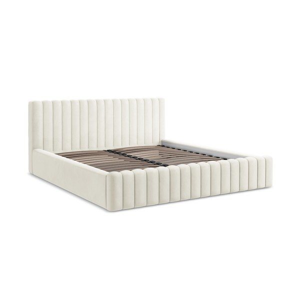 Krémová čalúnená dvojlôžková posteľ s úložným priestorom s roštom 140x200 cm Lemi – Makamii-image-2