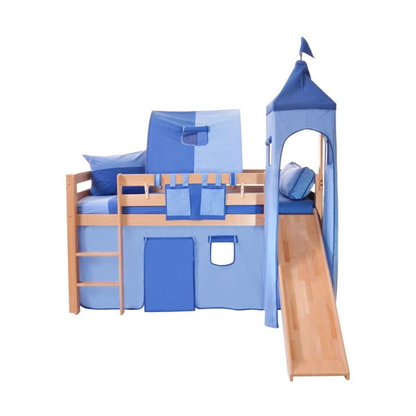 Detská poschodová posteľ so šmýkačkou a modrým hradným bavlneným setom Mobi furniture Tom, 200 x 90 cm