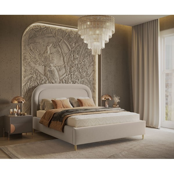 Béžová čalúnená dvojlôžková posteľ s úložným priestorom s roštom 140x200 cm Mija – Maison de Rêve-image-1