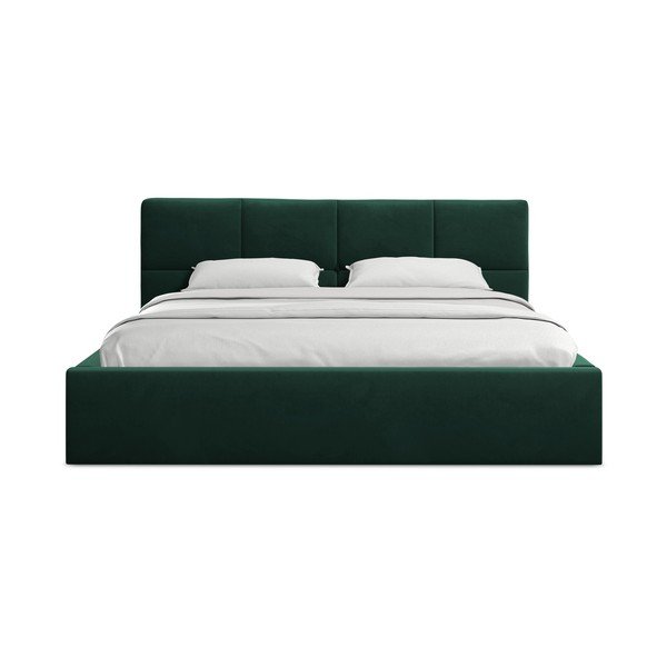 Tmavozelená zamatová čalúnená dvojlôžková posteľ s úložným priestorom s roštom 140x200 cm Hiko – Makamii-image-3