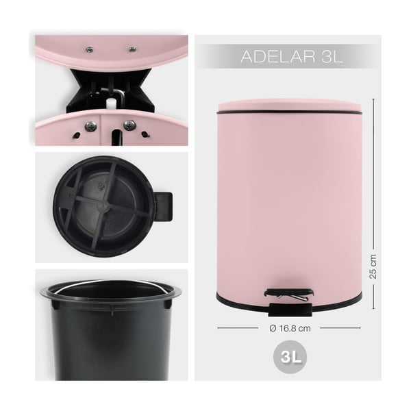Ružový nášľapný oceľový odpadkový kôš 3 l Adelar – Spirella-image-3