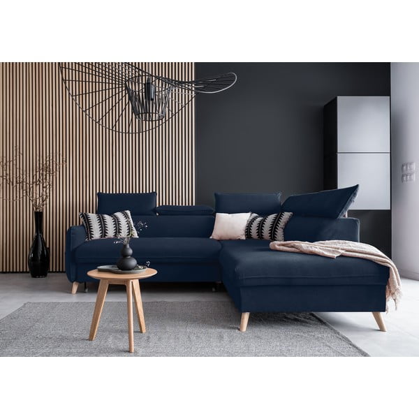 Tmavomodrá zamatová rozkladacia rohová pohovka (pravý roh) Sweet Harmony – Miuform-image-1