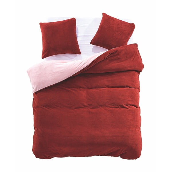 Červeno-béžové obojstranné obliečky z mikrovlákna DecoKing Furry, 200 x 220 cm