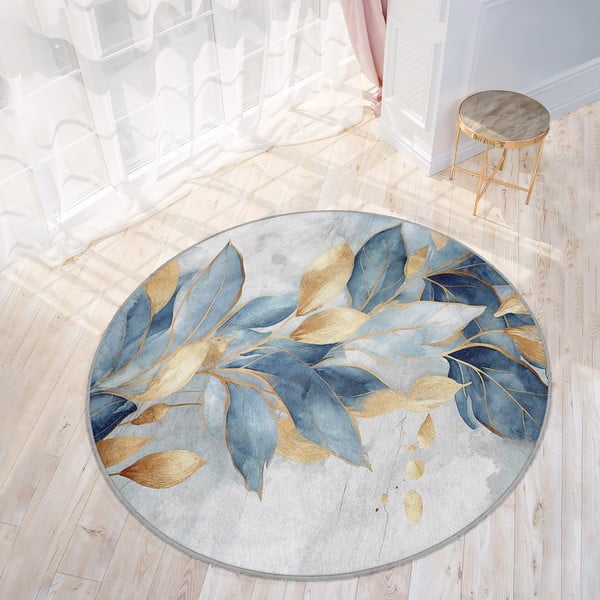 Prateľný okrúhly koberec v modrej a zlatej farbe ø 150 cm Golden Leaves – Mila Home-image-3