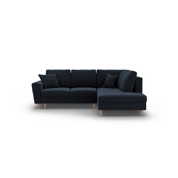 Tmavomodrá zamatová rozkladacia/s úložným priestorom rohová pohovka (pravý roh/do L) Kyoto – Cosmopolitan Design