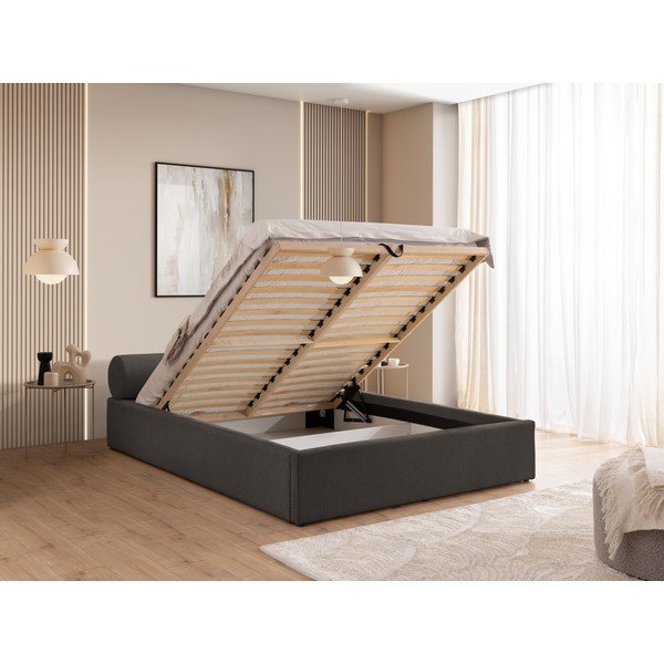 Tmavosivá čalúnená dvojlôžková posteľ s úložným priestorom s roštom 160x200 cm Cille – Ropez-image-4