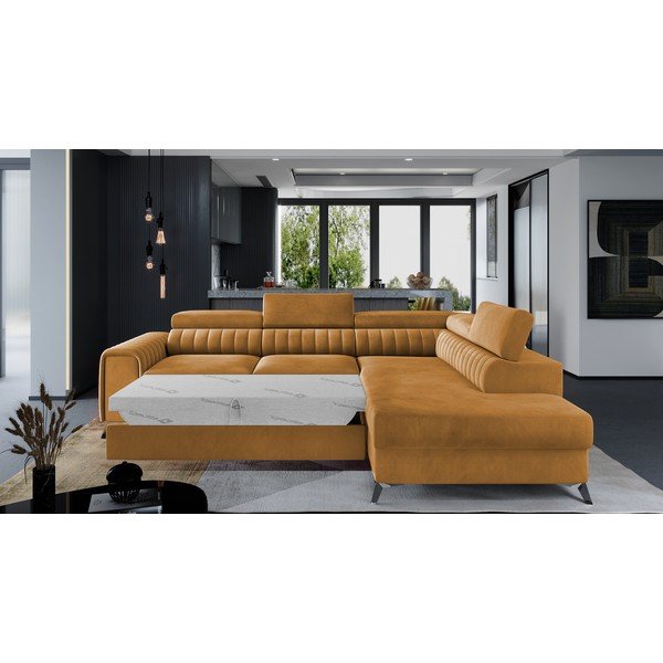 Žltá zamatová rozkladacia/s úložným priestorom rohová pohovka (pravý roh/do L) Laurence – ELTAP-image-2