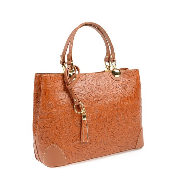Koňakovohnedá kožená kabelka Carla Ferreri Floral-image-2