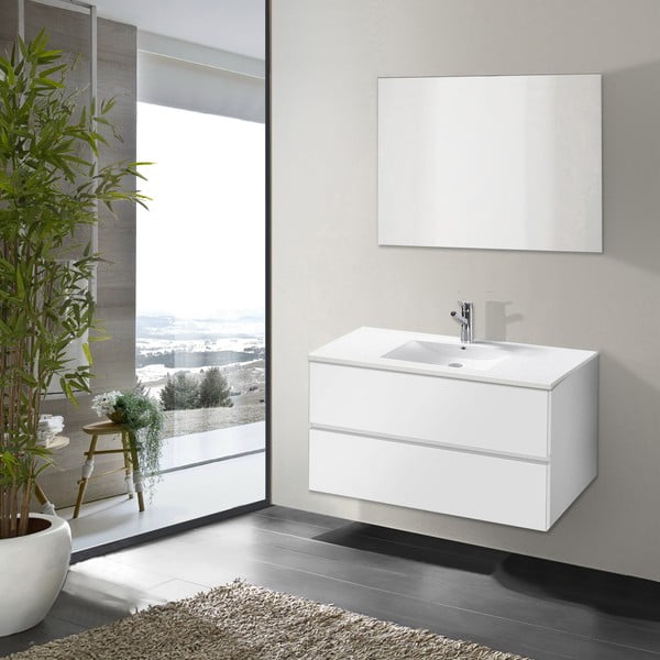 Kúpeľňová skrinka s umývadlom a zrkadlom Flopy, odtieň bielej, 80 cm