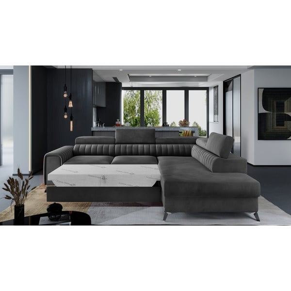 Tmavosivá zamatová rozkladacia/s úložným priestorom rohová pohovka (pravý roh/do L) Laurence – ELTAP-image-2