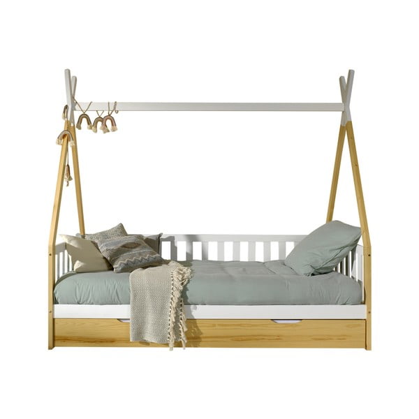 Domčeková detská posteľ z borovicového dreva s úložným priestorom v prírodnej farbe 90x200 cm TIPI – Vipack