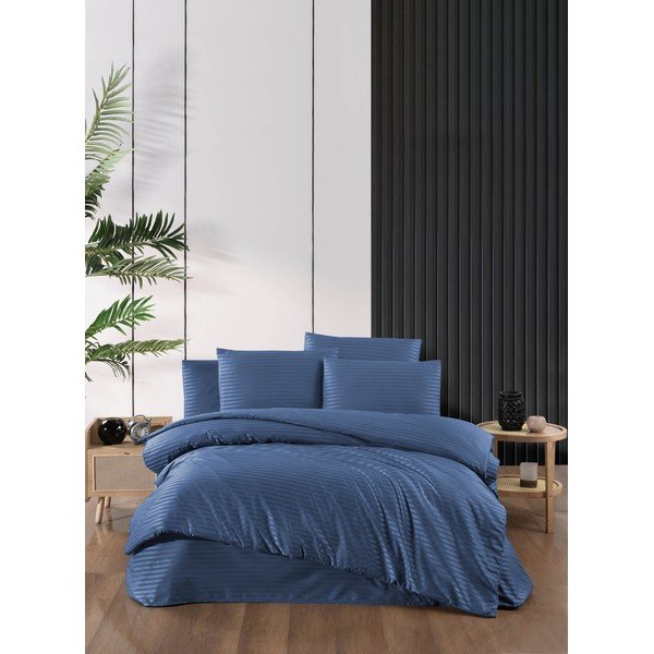 Modré damaškové obliečky na dvojlôžko/predĺžené s plachtou/4-dielne 200x220 cm – Mila Home