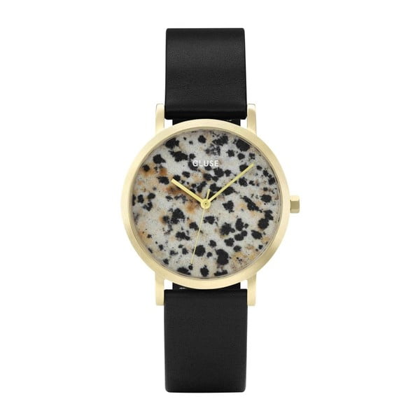Dámske hodinky s čiernym koženým remienkom a ciferníkom z jaspisu Cluse La Roche Petite