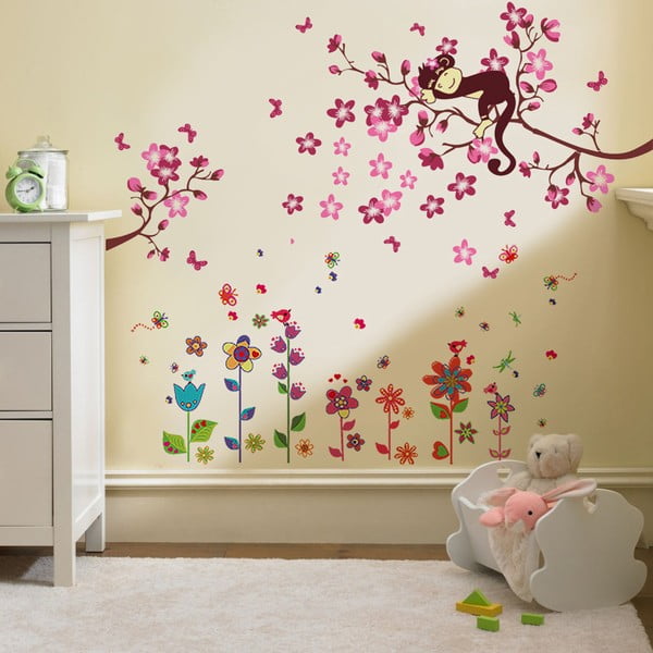 Samolepka na stenu Walplus Colorful Flower with Pink Monkey