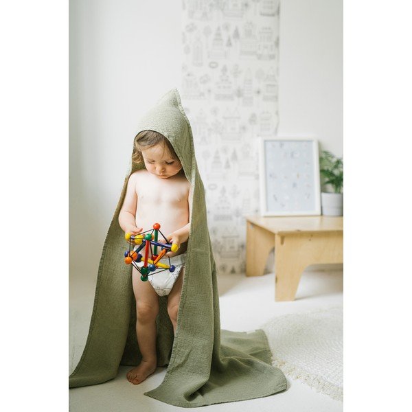 Detská zelená osuška s kapucňou Linen Tales Waffle, 100 x 100 cm-image-4