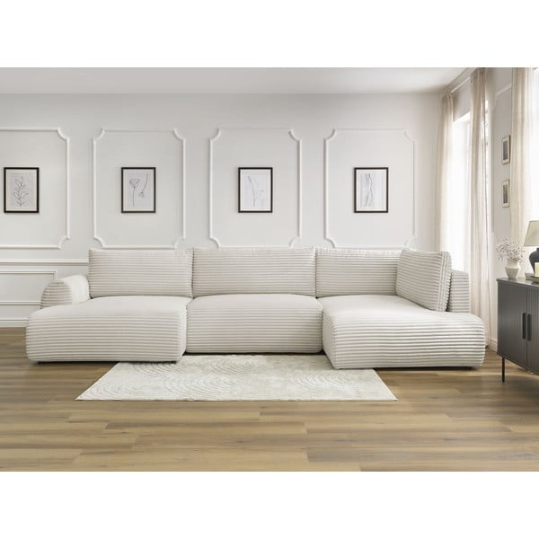 Krémovobiela menčestrová rozkladacia/s úložným priestorom rohová pohovka (pravý roh/do tvaru "U") Lucien – Bobochic Paris-image-1