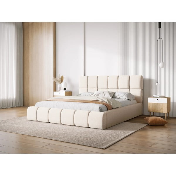 Krémovobiela čalúnená dvojlôžková posteľ s úložným priestorom s roštom 160x200 cm Bellis – Micadoni Home-image-1