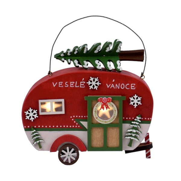 Červený dekoratívny LED karavan s vianočným stromčekom Ego dekor Car