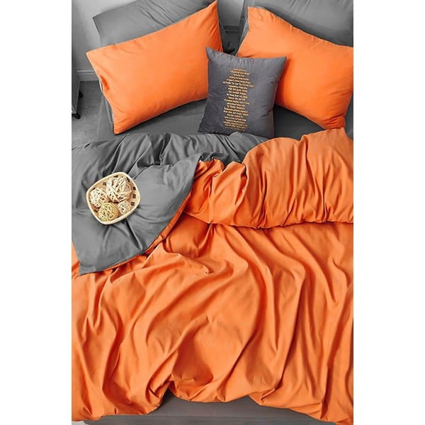 Oranžovo-sivé predĺžené štvordielne bavlnené obliečky na dvojlôžko s plachtou 200x220 cm – Mila Home