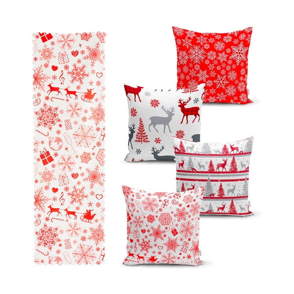 Súprava 4 vianočných obliečok na vankúš a behúň na stôl Minimalist Cushion Covers Red Snowflake
