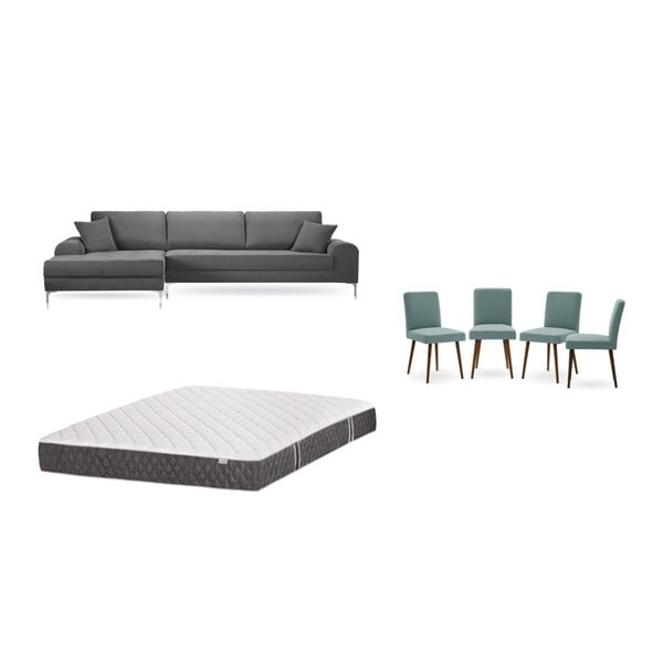 Set sivej pohovky s leňoškou vľavo, 4 sivozelených stoličiek a matraca 160 × 200 cm Home Essentials