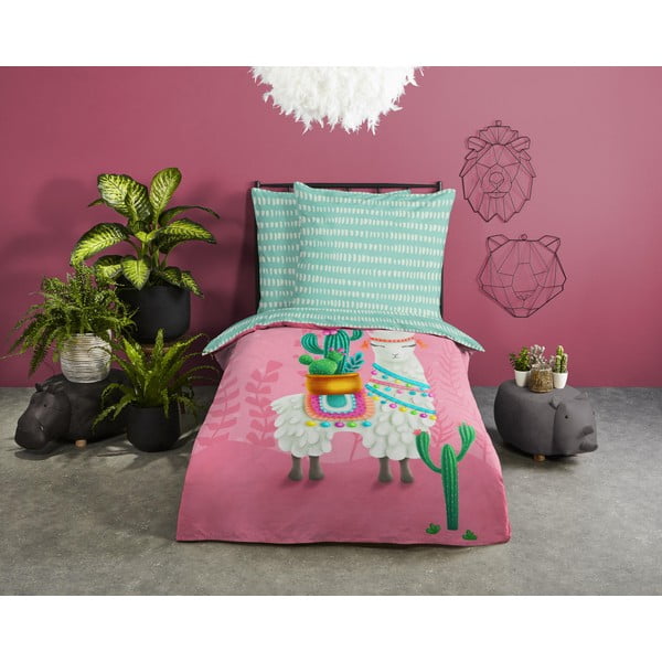 Ružové/tyrkysové bavlnené detské obliečky na jednolôžko 140x200 cm Lalama – Good Morning-image-1