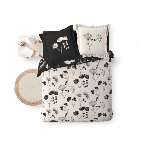 Čierno-béžové predĺžené obliečky na dvojlôžko z bavlneného perkálu 240x220 cm Iris – douceur d'intérieur