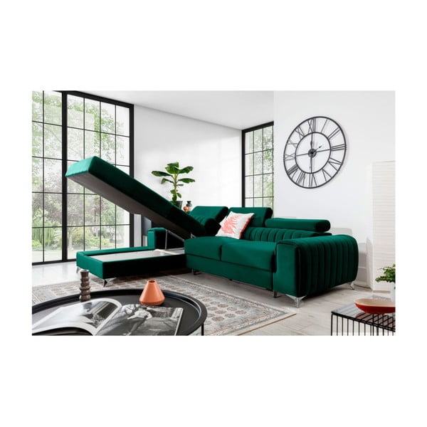 Zelená zamatová rozkladacia/s úložným priestorom rohová pohovka (ľavý roh/s leňoškou) Grayson – ELTAP-image-3