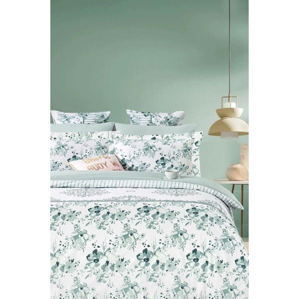 Bielo-zelené predĺžené obliečky na dvojlôžko z bavlny Renforcé s plachtou/4-dielne 200x220 cm – Mila Home
