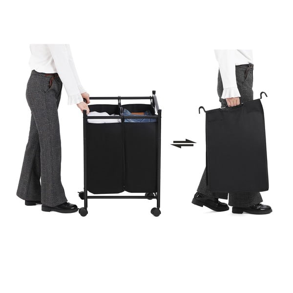 Čierny kôš s kolieskami a 2 segmentmi na bielizeň Songmics-image-3