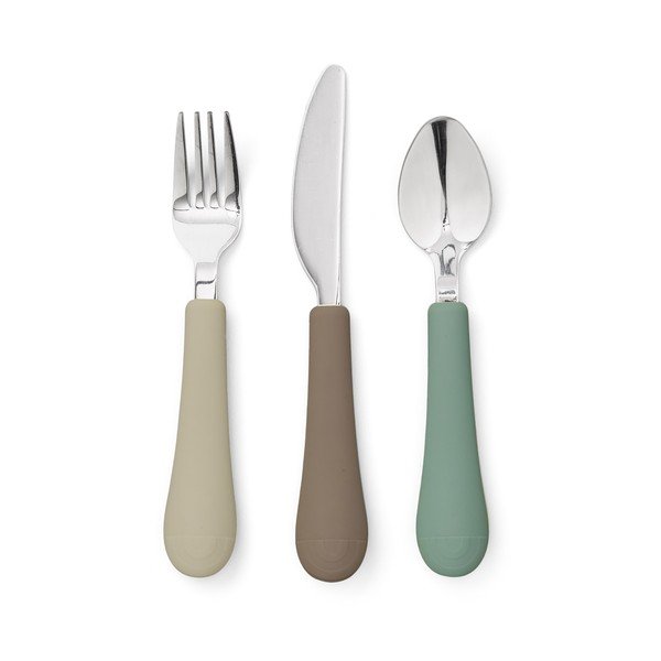 Hnedý/béžový detský príbor 3 ks zo silikónu Olive Mix – Cam Cam Copenhagen