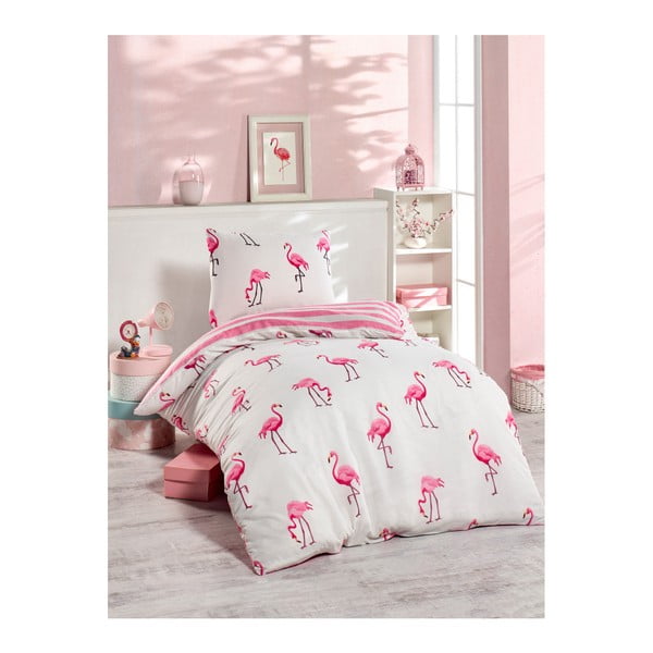 Ružové obliečky na jednolôžko Jussno Flamingos, 140 × 220 cm