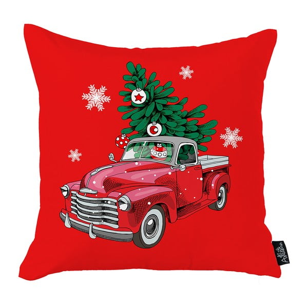 Červená vianočná obliečka na vankúš Mike & Co. NEW YORK Honey Christmas Car and Tree, 45 x 45 cm