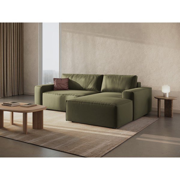 Zelená zamatová rozkladacia/s úložným priestorom rohová pohovka (pravý roh/s leňoškou) Jodie – Micadoni -image-2