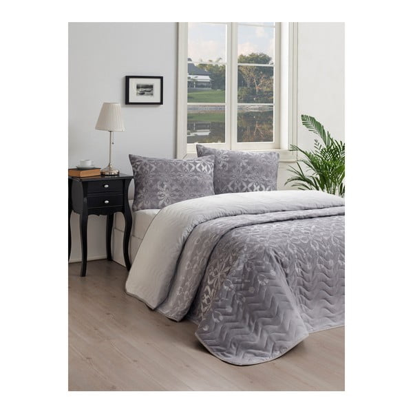 Set bavlneného prehozu cez posteľ a 2 obliečok na vankúše EnLora Home Twed Grey, 200 x 220 cm
