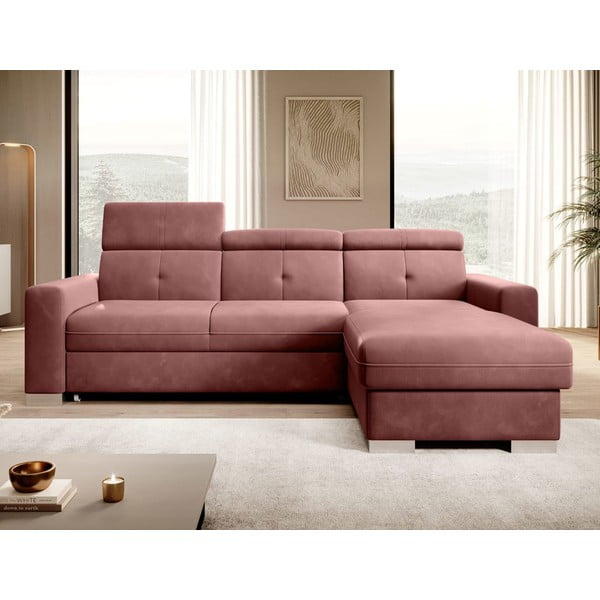 Ružová zamatová rozkladacia/s úložným priestorom rohová pohovka (pravý roh/s leňoškou) Fresia – ELTAP-image-1