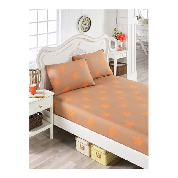 Set oranžovej bavlnenej plachty a 2 obliečok na vankúše na jednolôžko Stars Lusno, 100 × 200 cm