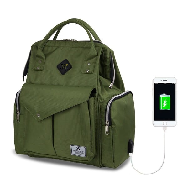 Zelený batoh pre mamičky s USB portom My Valice HAPPY MOM Baby Care Backpack