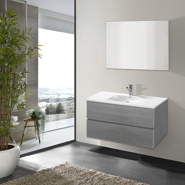 Kúpeľňová skrinka s umývadlom a zrkadlom Flopy, odtieň sivej, 80 cm