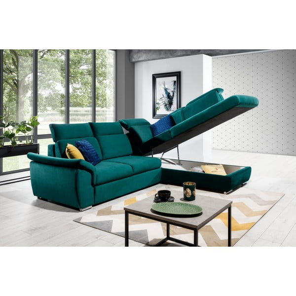 Zelená zamatová rozkladacia/s úložným priestorom rohová pohovka (pravý roh/do L) Loreto – ELTAP-image-2